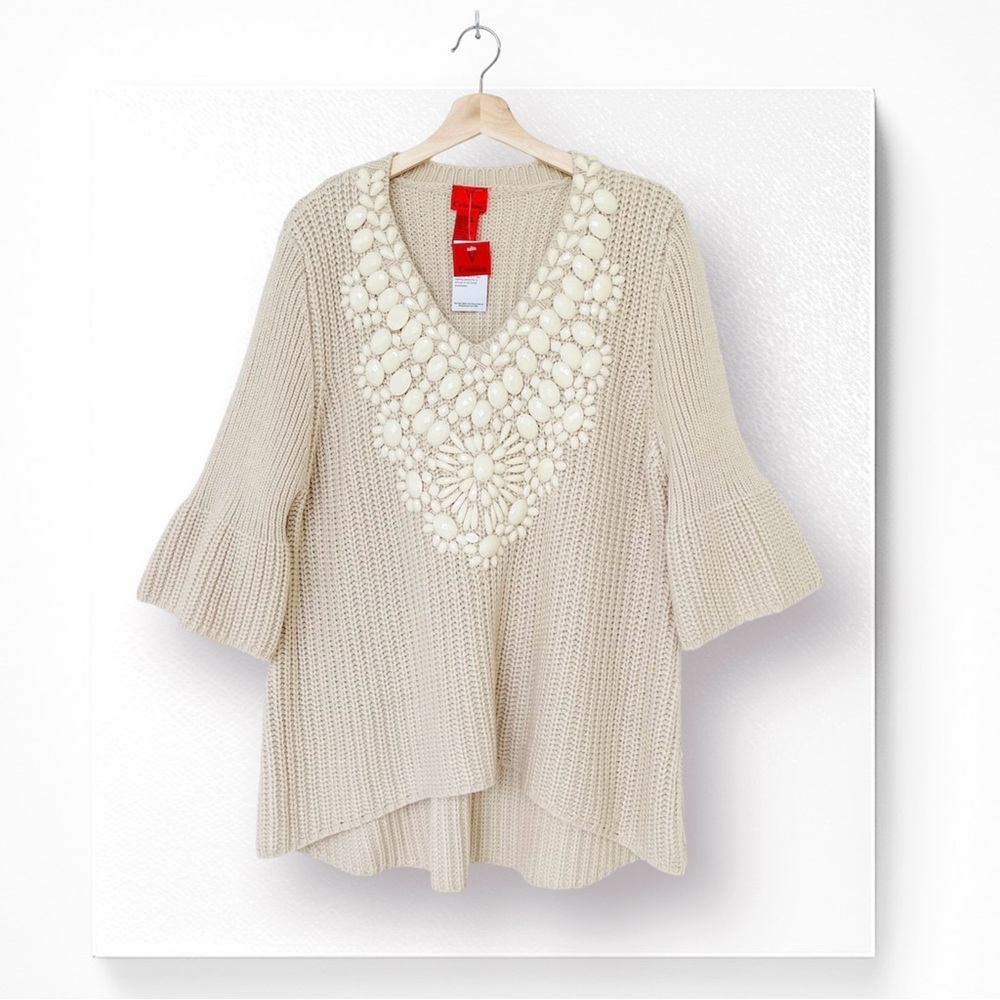 V Cristina Knit Sweater Embellished 3/4 Bell Sleeve V-Neck Beige Hi-low Hem
